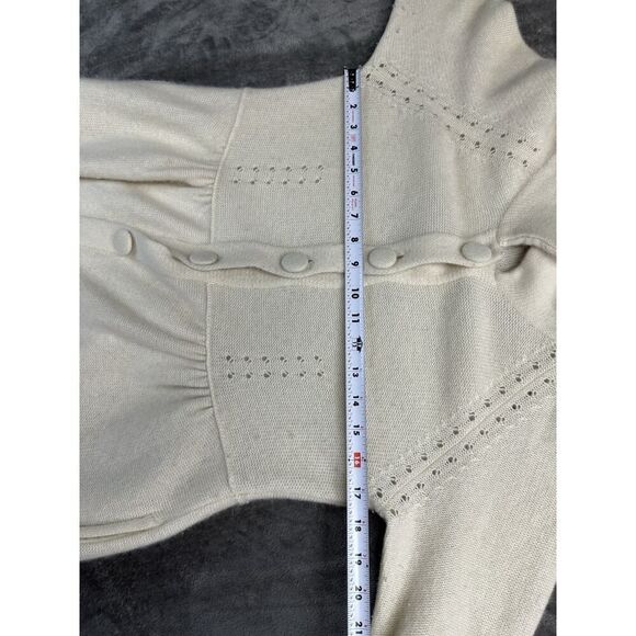QI Cashmere Ivory Knit Dress M - Button Front, Flutter Sleeves, Eyelet Detail - Picture 10 of 15